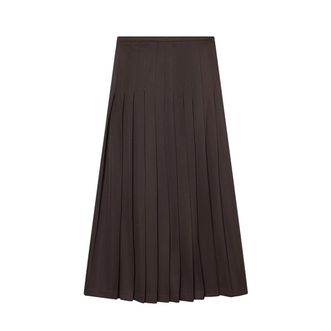 Women Elegant High Waist Pleated Maxi Skirt Solid Coffee Brown Polyester Twill Streetwear Long Bottoms Lady