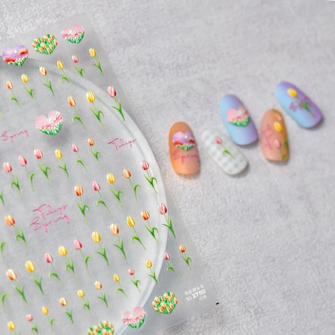 3D Geprägte Nagelkunst Aufkleber Tulpe Herz Blumenmuster Frühling Retro Stil Dünn Selbstklebend DIY Maniküre Dekoration