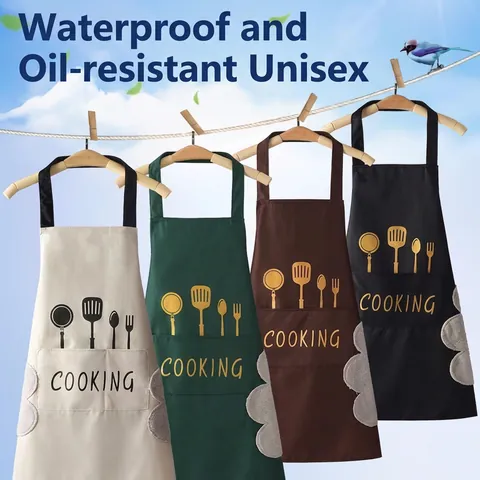 Waterproof Kitchen Apron PVC Oil Proof Cooking Bib With Hand Wipe Towels And Pocket For Women And Men