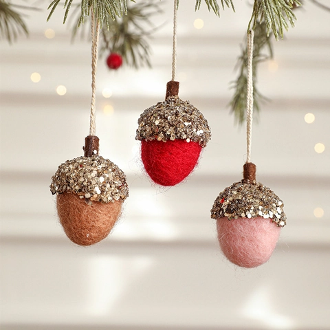 Addobbi Natalizi A Ghianda In Feltro Di Lana Fatti A Mano Paillettes Decorazioni Da Appendere Albero Di Natale Rustico