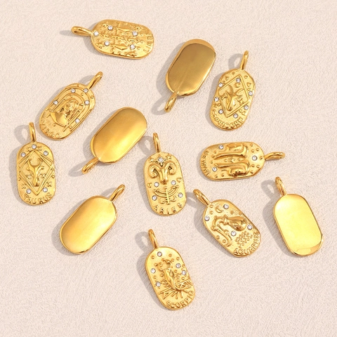 Zodiac Sign Constellation Pendant Charms 18K Gold Plated Stainless Steel With Cubic Zirconia Oval Medallion Vintage
