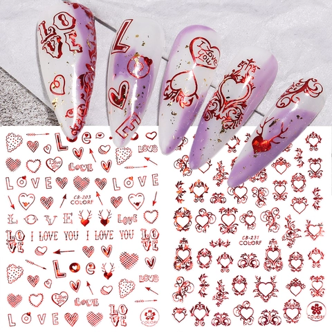 Autocollants Pour Ongles 3D Auto-Adhésifs Métallique Or Rouge Saint-Valentin Cœurs Roses Décoration Manucure Femmes