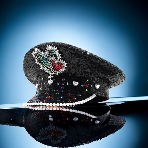 Cappello Da Capitano Paillettes Strass Decorazione Doppio Cuore Performance Stile Militare Per Palcoscenico Festa Nero Regolabile
