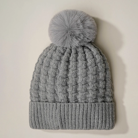 Damen Winter Strickmütze Mit Großem Kunstpelz Bommel Fleece Gefüttert Warm Dick Strick Glitzer Satin Waffelstruktur