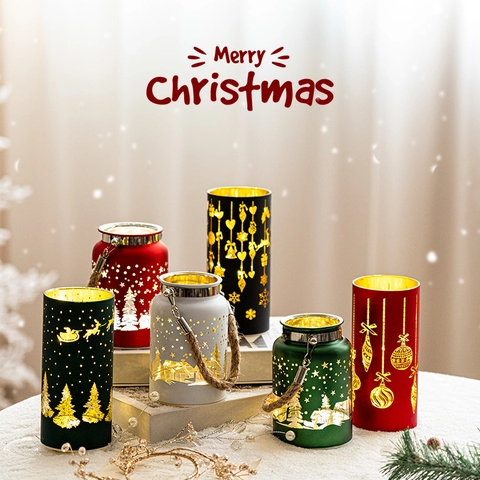 Weihnachten LED Kerzenhalter Glas Leuchtend Tischdeko Hohl Hirsch Schneeflocke Feiertag Deko Lampe