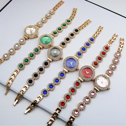 Women Quartz Watch Luxury Rhinestone Gemstone Bracelet Round Dial Jewelry Buckle Fashion Elegant Lady Timepiece
