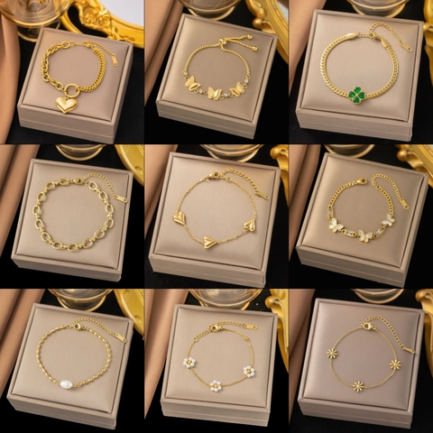 Minimalist Stainless Steel Star Heart Butterfly Bracelet For Women Gold Silver Plated Rhinestone Artificial Pearl Jewelry