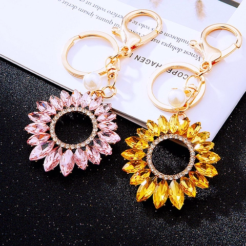Sunflower Keychain Sunflower Pendant Metal Alloy With Crystal Rhinestones And Artificial Pearl Bag Charm Hanging Ornament For Women