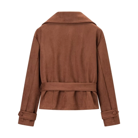 Dames Faux Suède Jas Double Breasted Revers Korte Mantel Met Riem Effen Kleur Elegant Casual Bovenkleding Mode