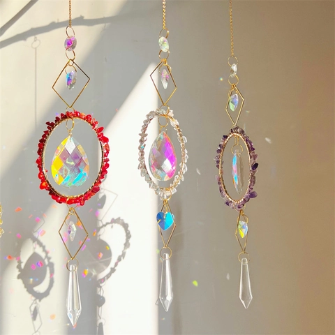 Crystal Suncatcher Hanging Ornament Natural Stone Copper Metal Geometric Rainbow Maker Prisms For Home Garden Window Decor