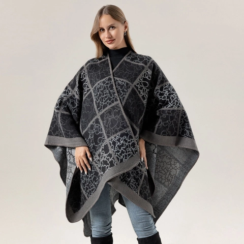 Vintage Geometric Pattern Imitation Cashmere Shawl Women Men Warm Knit Poncho Cape Grid Jacquard Soft Oversized Scarf Daily Wrap
