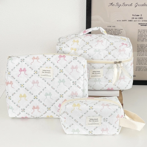 Borsa Da Trucco Trapuntata Con Stampa Floreale E Fiocco Organizzatore Cosmetico Grande Capacità Beauty Case Portatile Dolce