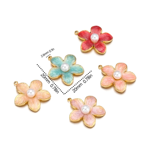 Flower Pendant Charms Stainless Steel Enamel Drip Oil Faux Artificial Pearl For DIY Necklace Jewelry Making Vintage Style
