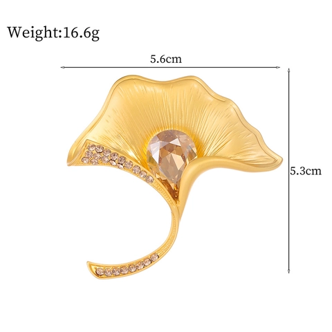Vintage Zinc Alloy Ginkgo Leaf Brooch Elegant Glass Rhinestone Inlaid Corsage Pin Gold Plated Fashion Jewelry For Women