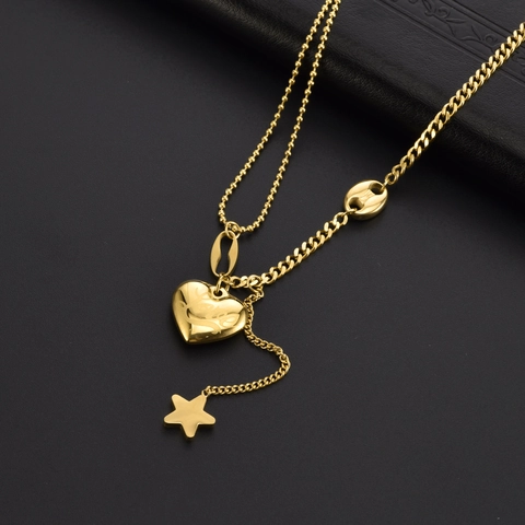 Collana Pendente Cuore Stella Acciaio Titanio Incisione Love Doppia Catena Dorata Gioielli Moda Donna