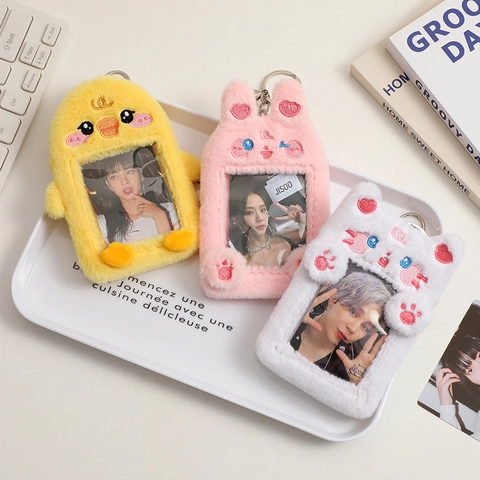 Plush Cartoon Animal Photocard Holder Keychain Cute Faux Fur ID Card Sleeve With Transparent Window For Student Bag Charm