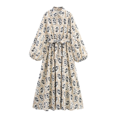 Retro Französisch Maxikleid Hemdkleid Floral Bestickt Laternenärmel Gürtel Knopfleiste Elegantes Langes Kleid
