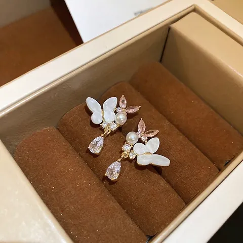 Pendientes Mariposa Cobre Concha Circonita Perla Artificial Colgante Gota Joyería Con Poste De Pendiente De Plata De Ley 925