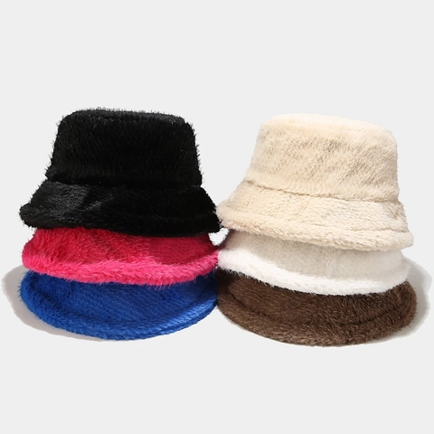 Sombrero Bucket Piel Sintética Felpa Cálido Grueso Invierno Color Sólido Para Mujeres Hombres Cortavientos Exterior Elegante