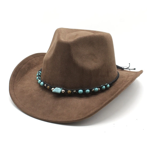 Cappello da Cowboy Occidentale in Finta Pelle Scamosciata in Stile Etnico Per Uomo Donna Cappello Fedora Con Perline Turchesi Tesa Larga retrò Cappello Jazz