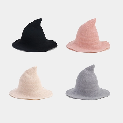 Sombrero De Bruja De Punto Gorro De Mago Puntiagudo Ala Ancha Ondulada Algodón Transpirable Halloween Cosplay Para Mujeres