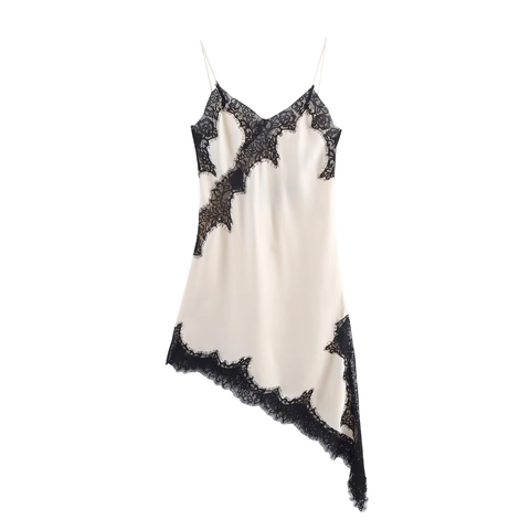 Vestido Midi Asimétrico Sexy con Ribete de Encaje para Mujer Raso Cuello en V Tirantes Finos Sin Mangas Ajustado Fiesta
