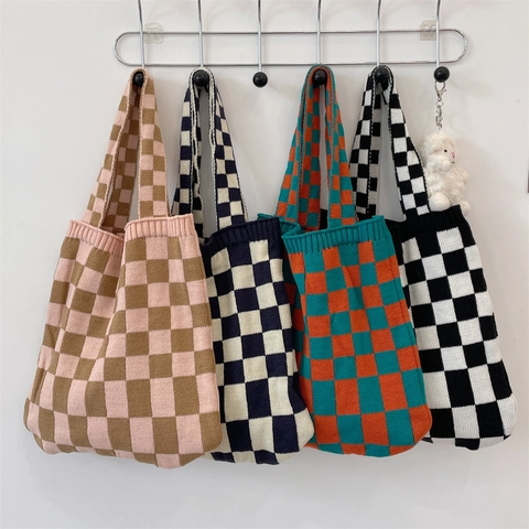 Bolso Tote De Punto Mujeres Patrón De Damero Bolso De Hombro Gran Capacidad Casual Retro Crochet Hilo Suave Estética