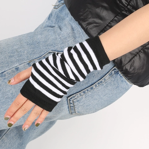 Knitted Arm Warmers Striped Fingerless Gloves Thumb Hole Polyester Elastic Sleeves Cosplay Fashion Costume Accessory