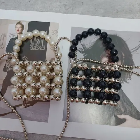 Handgefertigte Mini Künstliche Perlen Umhängetasche Acryl Metall Kugelkette Netz Elegante Handtasche Für Damen