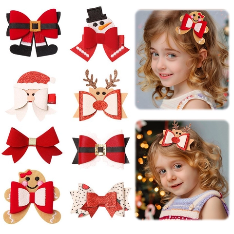 Christmas Hair Clips Glitter Bow Reindeer Santa Snowman Gingerbread Man Holiday Party Accessories For Kids Girls Baby