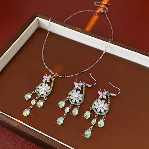 Collana E Orecchini Farfalla Fiore Rame Zircone Goccia D'acqua Nappa Con Perno In Argento Per Donna