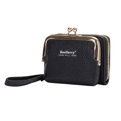 Mini Women Wallet PU Leather Litchi Texture Kiss Lock Zipper Accordion Card Holder With Wristlet Vintage Style