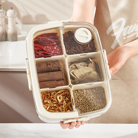 Divided Spice Box Portable Food Grade Plastic Multi Grid Kitchen Organizer With Transparent Lid Sealing Buckle Handle