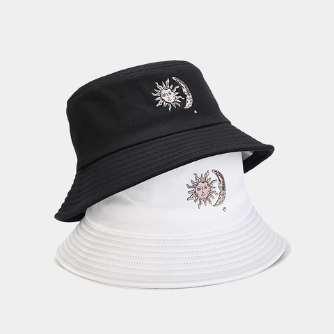 Sun And Moon Embroidered Cotton Canvas Bucket Hat For Sun Protection Retro Bohemian Style Unisex Outdoor Flat Top