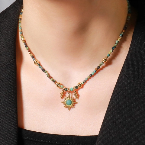 Collana di Perline in Pietra Naturale Fatta a Mano Vintage Francese per Donna Rame Placcato Oro 18K Ciondolo Sole Gioielli