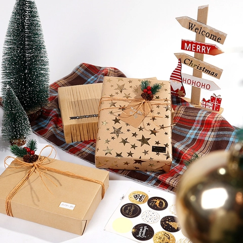 Christmas Kraft Wrapping Paper Roll Gold Stamping Star Dot Patterns Waterproof Holiday Gift Wrap DIY Crafts