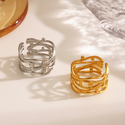 Anello Aperto in Acciaio Inossidabile a Linea Ondulata Multistrato in Stile Ins Moda Occidentale Placcato Oro 18K Anello Regolabile Gioielli Donna