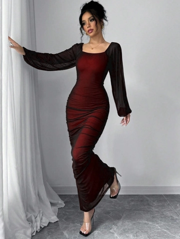 Elegant Ruched Maxi Dress Mesh Sheer Long Sleeve Sexy Bodycon Solid Color Evening Party Wear For Women