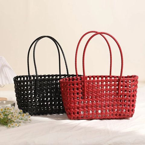 Hohl Gewebte Handtasche PVC Kunststoff Einfarbige Strandkorbtasche Für Frauen Lässiger Urlaubsstil Offenes Design
