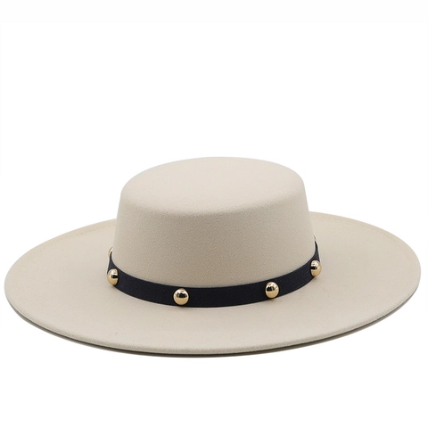 Flat Top Boater Hat Wide Brim Felt Texture Black Ribbon Gold Rivets Retro British Vintage Style For Men Women