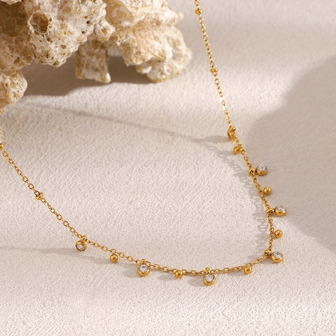 Collar Con Colgante De Circón En Forma De Gota De Agua Acero Inoxidable Chapado En Oro Cadena De Cuentas Joyería Elegante