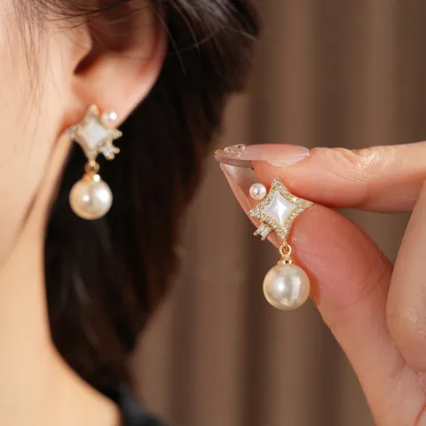 Pendientes Colgantes Estrella De Nácar Con Circonitas Y Poste De Plata Joyas Elegantes Estilo Francés Para Mujer