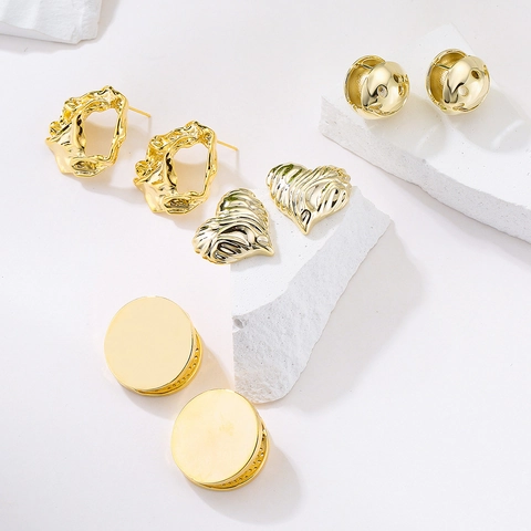 Geometric Smile Face Heart Stud Earrings Gold Plated Copper Vintage Simple European Style For Women
