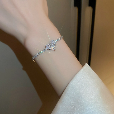 Heart Shaped Zircon Bracelet Copper Pave Adjustable Drawstring Elegant Fashion Jewelry For Women