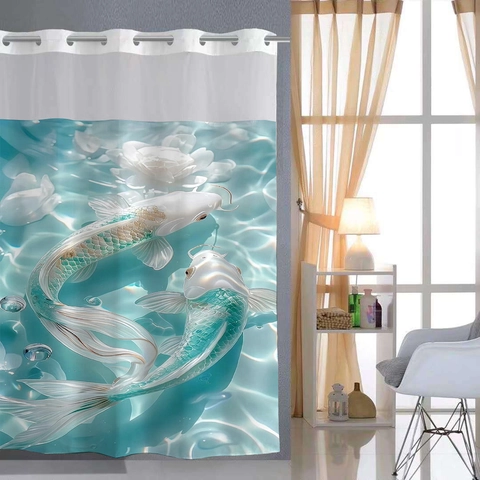 Waterproof Polyester Hookless Shower Curtain And Bath Mat Mesh Window Snap-In Liner Magnetic Hem Art Bathroom Decor