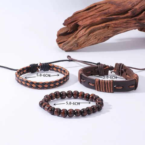 Men Vintage Woven Leather Wood Bead Bracelets Multilayer Punk Style Adjustable Brown Black Hand Rope Jewelry Gift