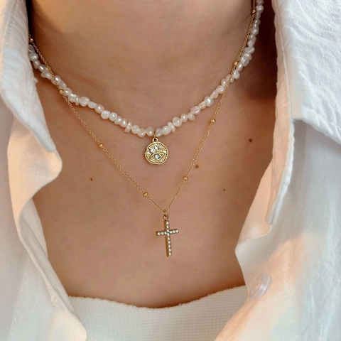 Collana Con Pendente A Croce In Acciaio Inossidabile Con Perla Artificial Naturale E Conchiglia Di Madreperla Strass Gioielli Donna