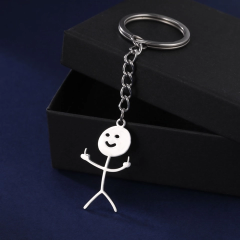 Funny Stickman Middle Finger Keychain Stainless Steel Satirical Smiley Face Keyring Novelty Gag Gift