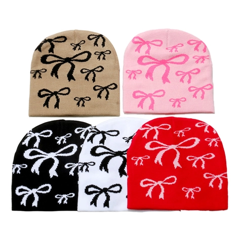 Bow Pattern Jacquard Beanie Mütze Weiche Warme Acryl Strickmütze Für Damen Winter Outdoor Mode Süßer Stil