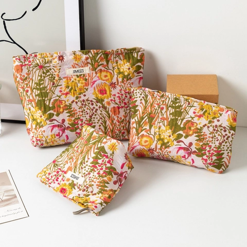Trousse De Maquillage Jacquard Florale Broderie Portable Pochette Cosmétique Organisateur De Voyage Style Pastoral Sac De Rangement